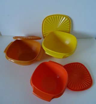 3 Vtg Tupperware Servalier Nesting Serving Bowls & Lids Yellow Pumpkin Orange