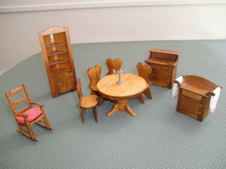Vintage Wooden Miniature Doll House Furniture Dining Room Living Room 2 Figures