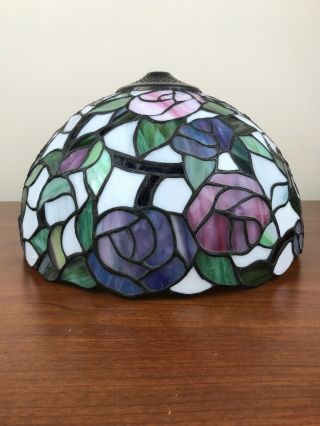 Vintage Tiffany Style Leaded Stained Glass Lamp Shade Roses - 12”d 8”t