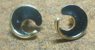 Vintage Designer Signed Trifari Blue Enamel Goldtone Crescent Shaped Earrings