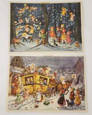 2 Vintage Advent Calendars Kruger West Germany Kringle Carriage Children Forest