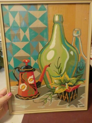 Vintage Completed Paint By Number Framed Print - Red Coffee Pot & Jugs