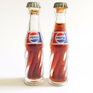 2 Vintage Pepsi Cola Mini Glass Bottles 3” Inch Collectable Miniature Metal Caps