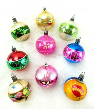 9 Vintage Poland Hand Painted Glitter Flower Glass Ball Christmas Ornament 2.  25 "