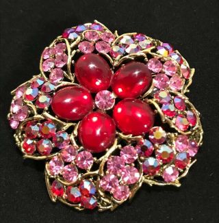Vintage Signed Weiss Flower Pink Rhinestone Brooch Gold Tone