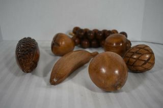 Vtg Mid Century Modern Brown Monkey Pod Carved Wood Fruit & Rare Corn
