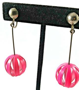 Vintage Retro Hot Pink Enamel Ball Sphere Drop Dangle Clip On Earrings