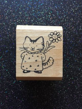 Vintage Rubber Stamp " Kitty With Flower Gift " By Kidstamps 1 3/4 X 1 1/2 "