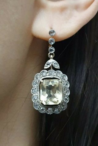 19th C Victorian Earrings Diamond 1.  3 Ct & Citrine 10 Ct In Gold 18k - Rare
