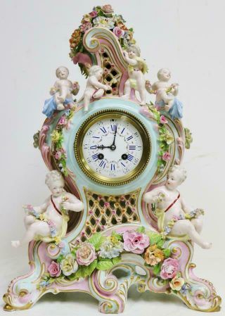 Rare Large Antique Hard Paste Meissen Porcelain 8 Day Mantle Clock