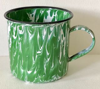 Vintage Green & White Swirl Enamel On Tin Metal Coffee Cup Or Mug Graniteware