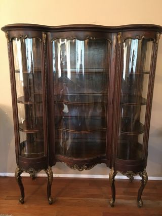 Vintage French Louis Xv Style Bowed Curved Glass Vitrine Curio Display Cabinet