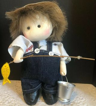 Adorable Vintage Musical Animated Little Boy Gone Fishing Doll Exc Cond