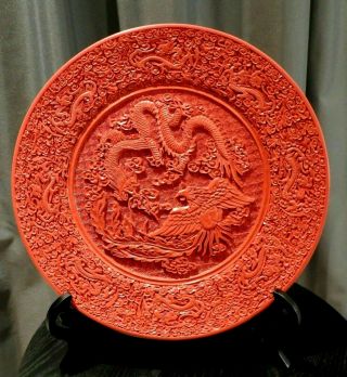 Antique Chinese Cinnabar Red Lacquer & Wood Dragon & Phoenix Charger Plate