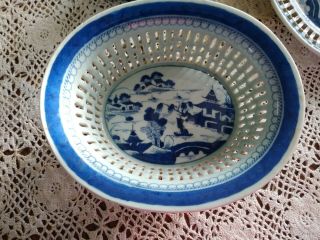 Antique Canton Blue White Chinese Export Bowl Oval Pierced All Around