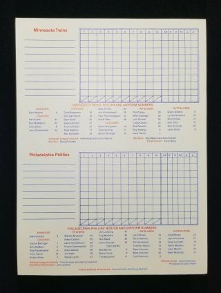 Vtg Scorecard 1977 Cooperstown Ny Hof Game Twins Vs Phillies Doubleday Field