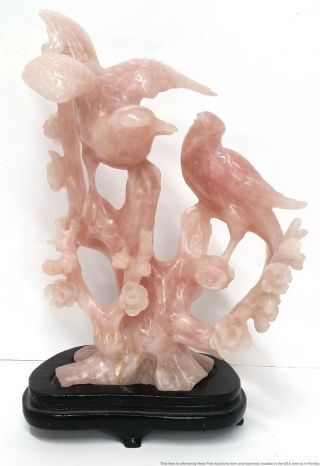 Antique Chinese Rose Quartz 9.  5in Birds In Tree Statue Sculpture Carving Stand