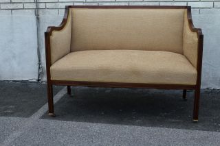 Grand 19th C.  Inlaid English Regency Mahogany Spring Loveseat,  Couch On Casters