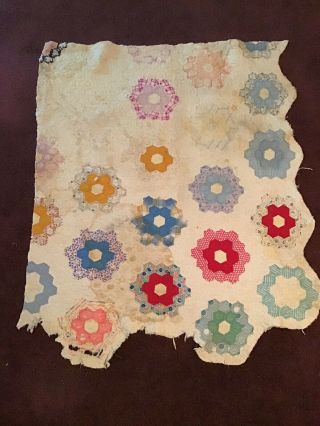 Vintage Hand Quilted Grandma’s Flower Garden Cutter Quilt Piece