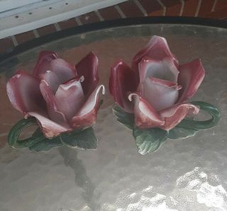 Vintage Capodimonte Candlestick Candle Holder Rose Flower Porcelain Italy