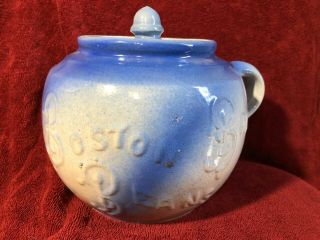 Antique Blue & White Salt Glaze Stoneware Boston Baked Beans Pot -