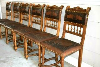 Six Vintage Spanish Revival Embossed Leather Dining Chairs W Decorative Nails
