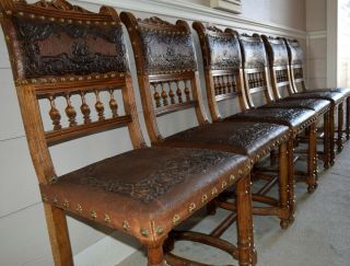 Six Vintage Spanish Revival Embossed leather Dining Chairs w Decorative Nails 2