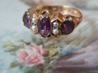 Antique Vintage Yellow 9ct Gold Amethyst & Seed Pearl Ring Size O 1/2
