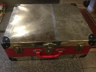 Vtg Suitcase Trunk Vintage Red And Gold Metal Over Wood 15” X 12” X 6”