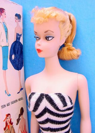 1959 BLONDE PONYTAIL 1 BARBIE 850 BOXED w 1 STAND TONING & HAIR 3
