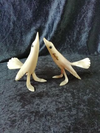 Vintage Retro Hand Carved Animal Horn Pair Bird Figures Souvenir Kitsch 1960 70s