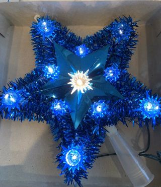 Vintage 11 Light 5 Point Star Tree Topper Crystal Noel Blue Tinsel Star