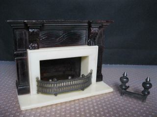 Vtg Ideal Doll House Living Room Furniture Fireplace W/andirons I - 964 1:16 Mcm