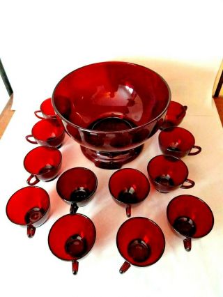 Vintage Anchor Hocking Royal Ruby Red Punch Bowl And 12 Cups Set
