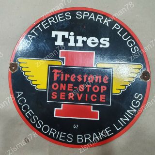 Firestone Tires Spark Plugs Vintage Porcelain Sign 12 Inches Round
