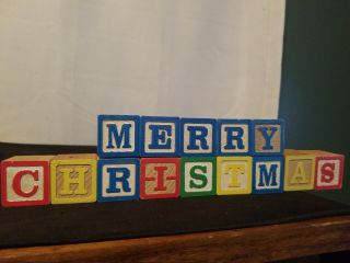 Vintage Childrens Wood Alphabet Blocks - Merry Christmas