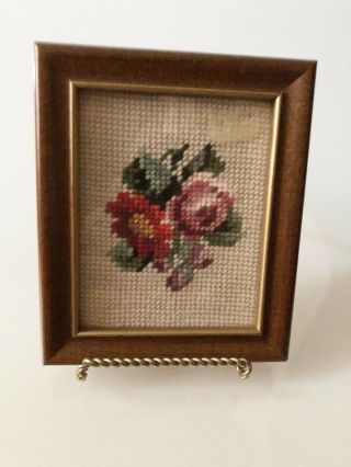 Vintage Framed Needlepoint Floral Pictures Set Of 2