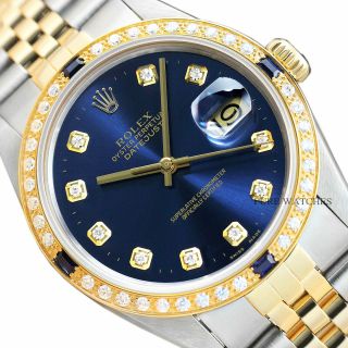 Authentic Mens Rolex Datejust Quickset 2 - Tone Blue Diamond Sapphire Watch