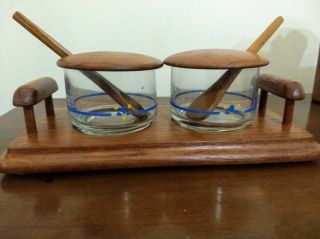 Vintage Goodwood Teak Set Sugar Creamer Condiment Glass Bowls Wood Spoon
