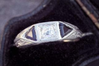 Antique English Art Deco Platinum Sapphire Diamond Ring C1930 Sz9