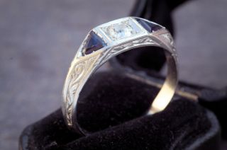 ANTIQUE ENGLISH ART DECO PLATINUM SAPPHIRE DIAMOND RING c1930 sz9 2