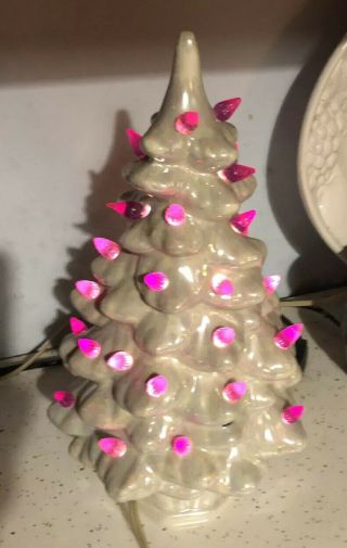 Vintage Retro Holland Mold White Ceramic Christmas Tree 12 " Purple Bulbs.
