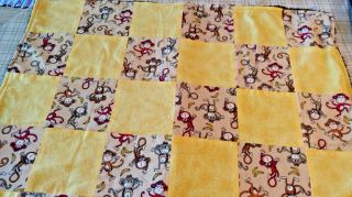 Vintage Childs Yellow & Brown Handmade Monkey Pattern Baby Quilt 31 X 32