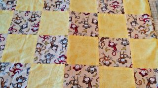 Vintage Childs Yellow & Brown Handmade Monkey Pattern Baby Quilt 31 x 32 2