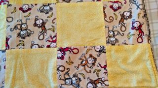 Vintage Childs Yellow & Brown Handmade Monkey Pattern Baby Quilt 31 x 32 3