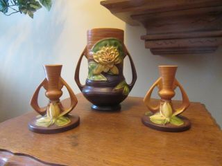 Vintage Roseville Pottery Brown Water Lily 8 " Vase & Tall Candle Holders