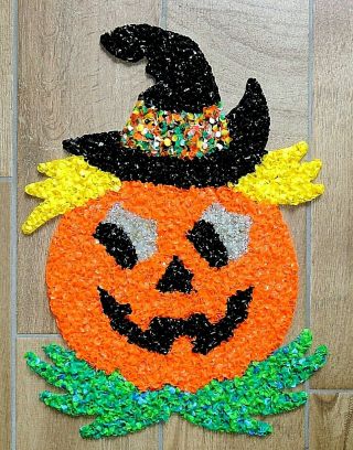 Vtg Plastic Melted Popcorn Halloween Scarecrow Pumpkin Decoration Wall Hanging