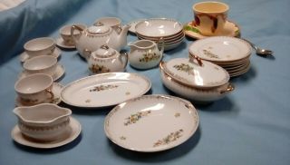 30 - Piece Set Of Vintage Doll Dishes.  Made In Japan Pre Ww2.  Flowered With Gold