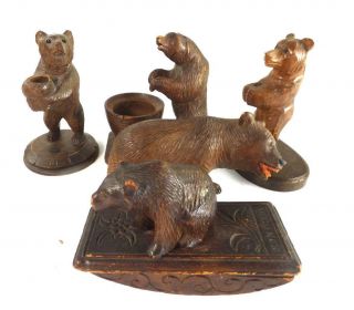 5 Antique & Vintage Black Forest Carved Wood Bear Ornaments