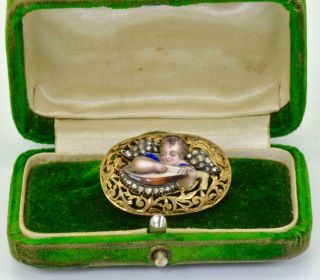 Rare Antique Imperial Russian 18k Gold,  Diamonds&hand Painted Enamel Brooch.  Boxed